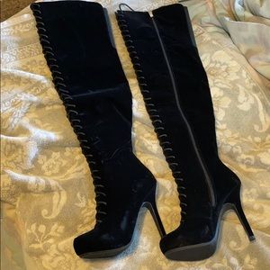Black suede front lace thigh high dollhouse boots